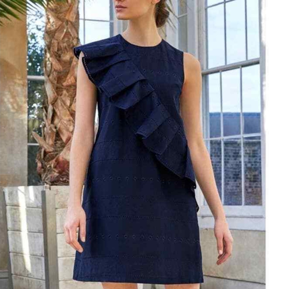 Ted Baker Mahlene ruffle trim cotton shift Navy Blue Sleeveless Dress